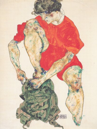 Female Model in Red Robe by Egon Schiele